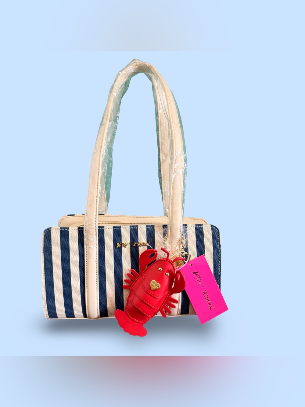 Betsey Johnson Navy & Cream Striped Tote with Red Lobster Charm Shoulder Bag